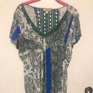 Women One World Asymmetrical Hem Crochet BackTassel Neck Pleated Tunic. 1X